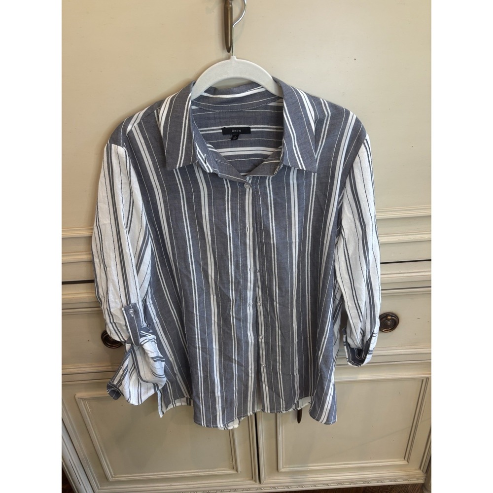Drew Small White Gray Striped Cotton Button Up Blouse Lightweight Summer Made US